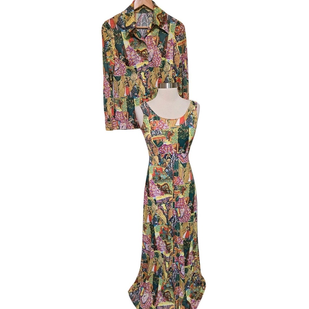 70s Vintage Long Dress Indian Gods‎ Patchwork Print And Matching Shirt Hippie